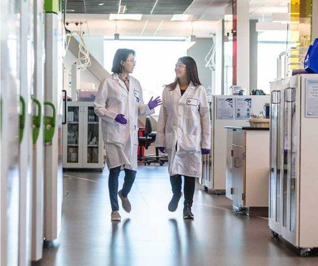 Two lab technicians in white lab coats having a conversation while walking in lab