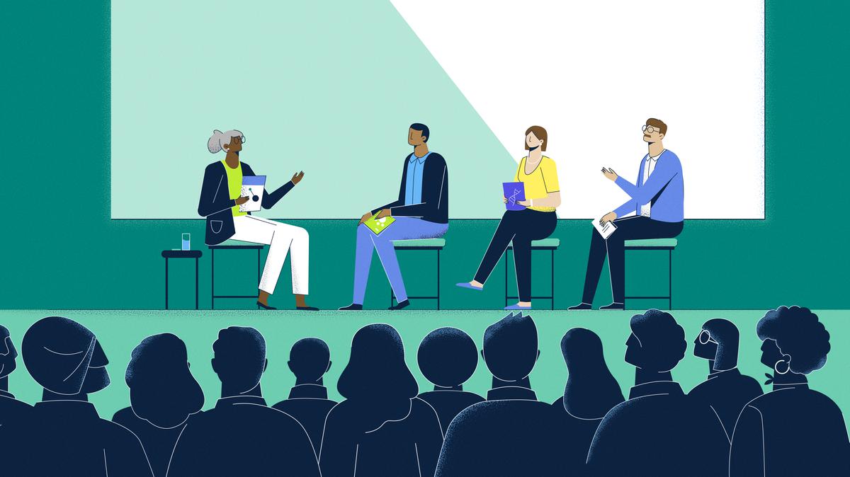 Illustration of leaders speaking on stage