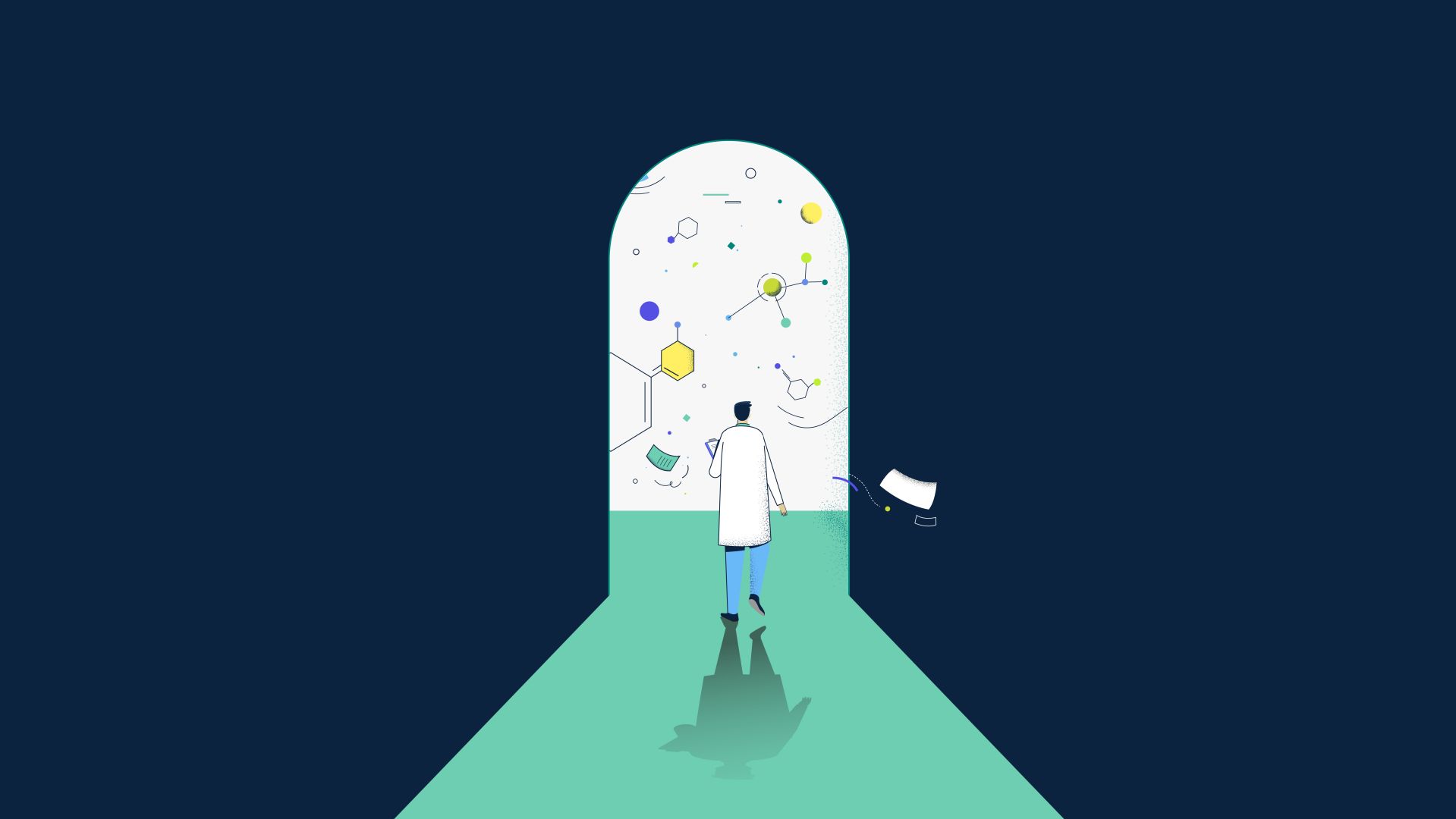 person wearing white lab coat looking out of a door into world full of molecules