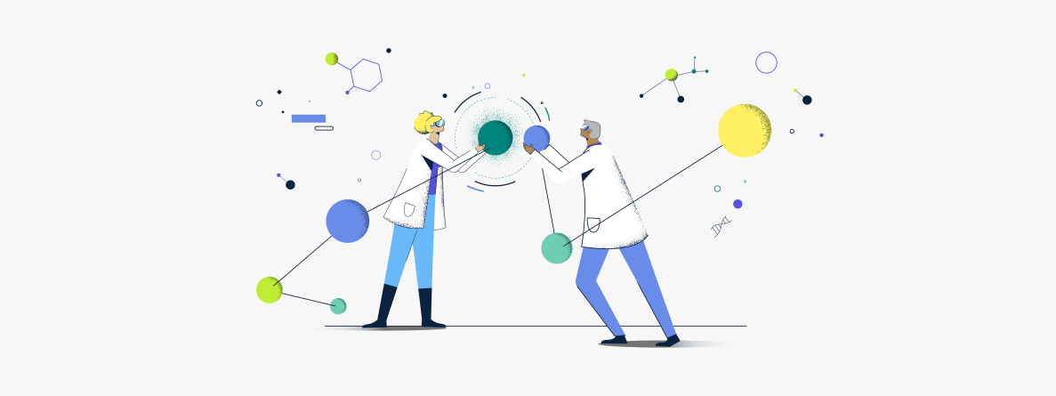 illustration of two people moving circle shapes