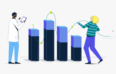 Two people interacting with a bar graph made