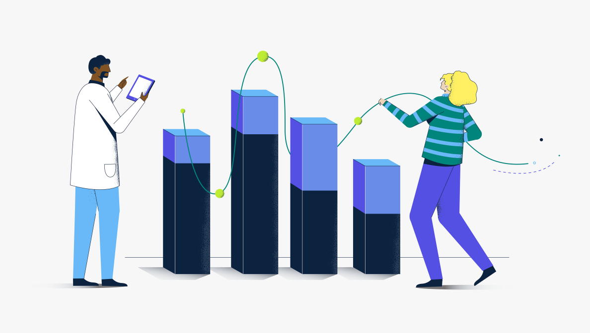 Two people interacting with a bar graph made