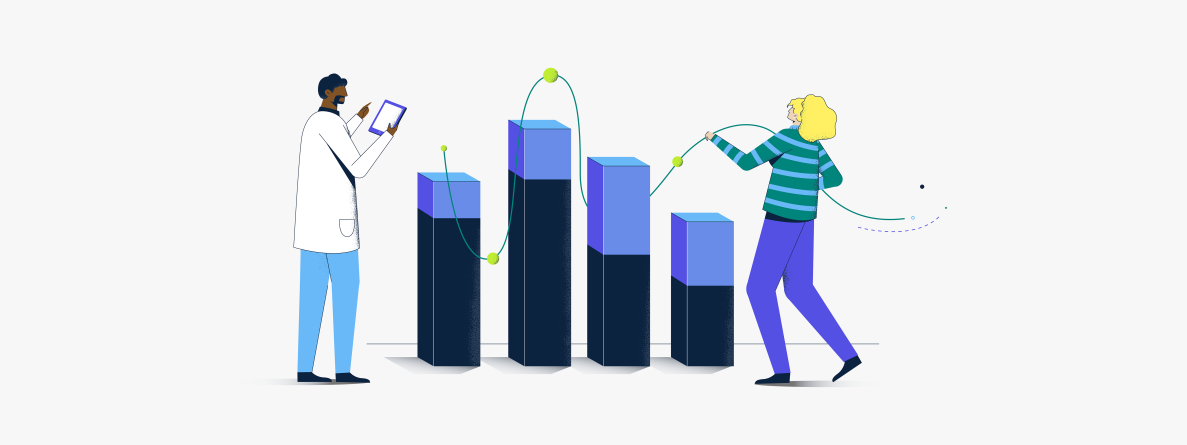 Two people interacting with a bar graph made