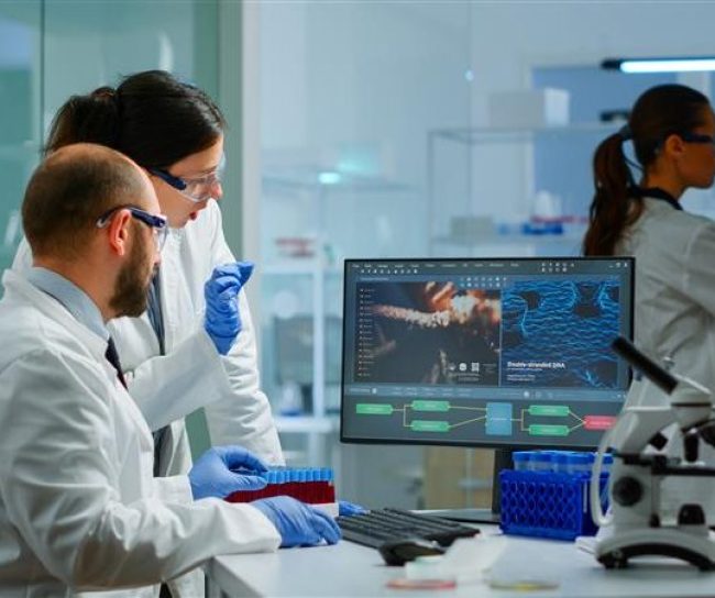 two scientists looking at computer screen