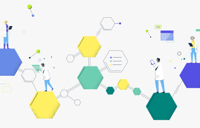 illustration of people on top of hexagon shapes