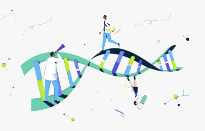 Illustration of helix with scientists