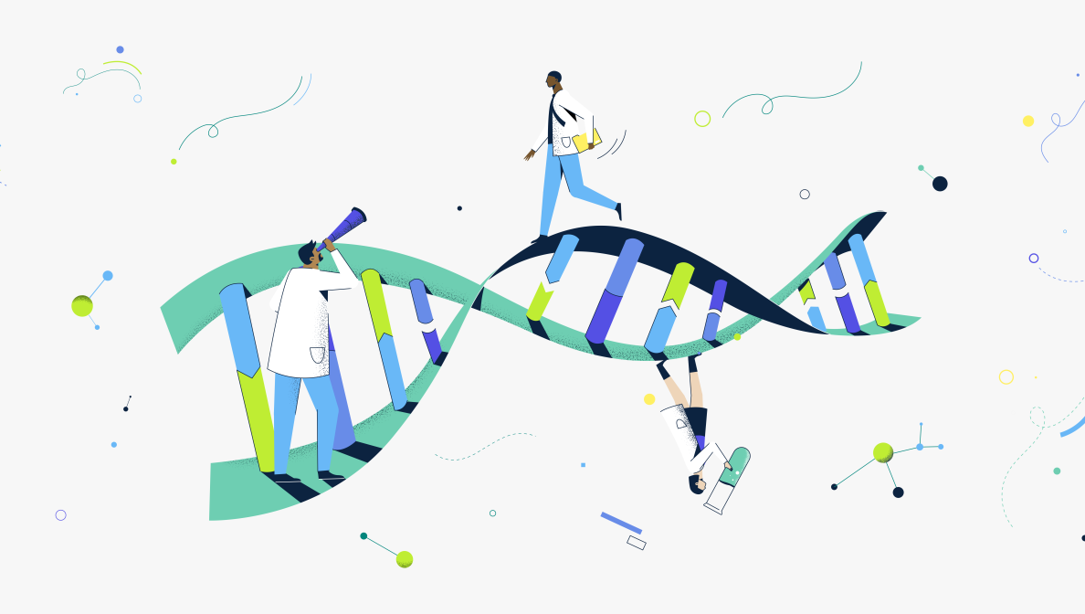 Illustration of helix with scientists