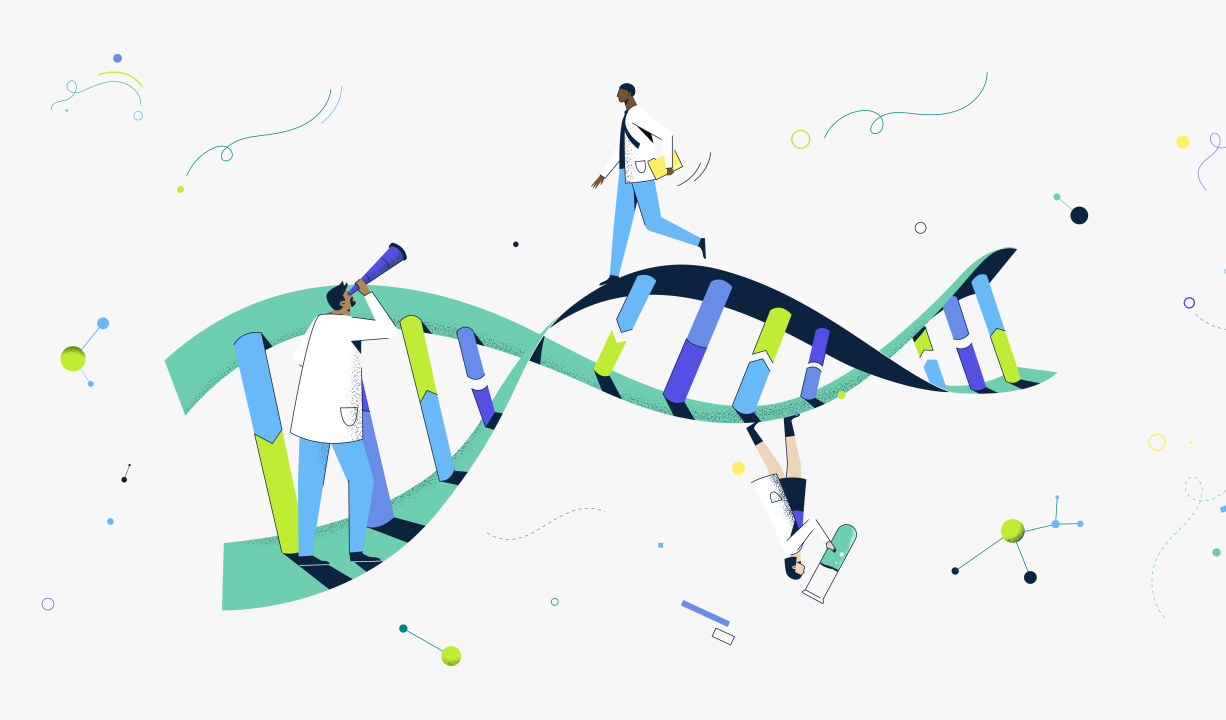 Illustration of helix with scientists