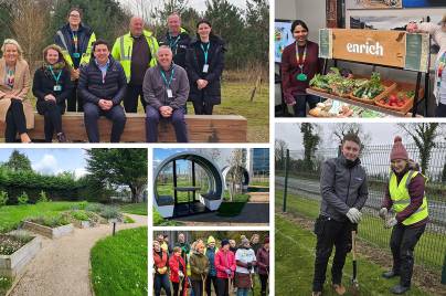 collage of photos showing employees working outside