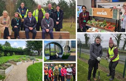 collage of photos showing employees working outside