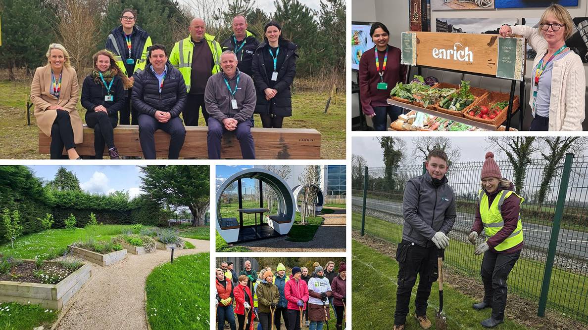 collage of photos showing employees working outside