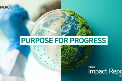 image of half of a petri dish and half of an earth merged to make a full circle. Text on top says "Purpose for Progress Impact Report"