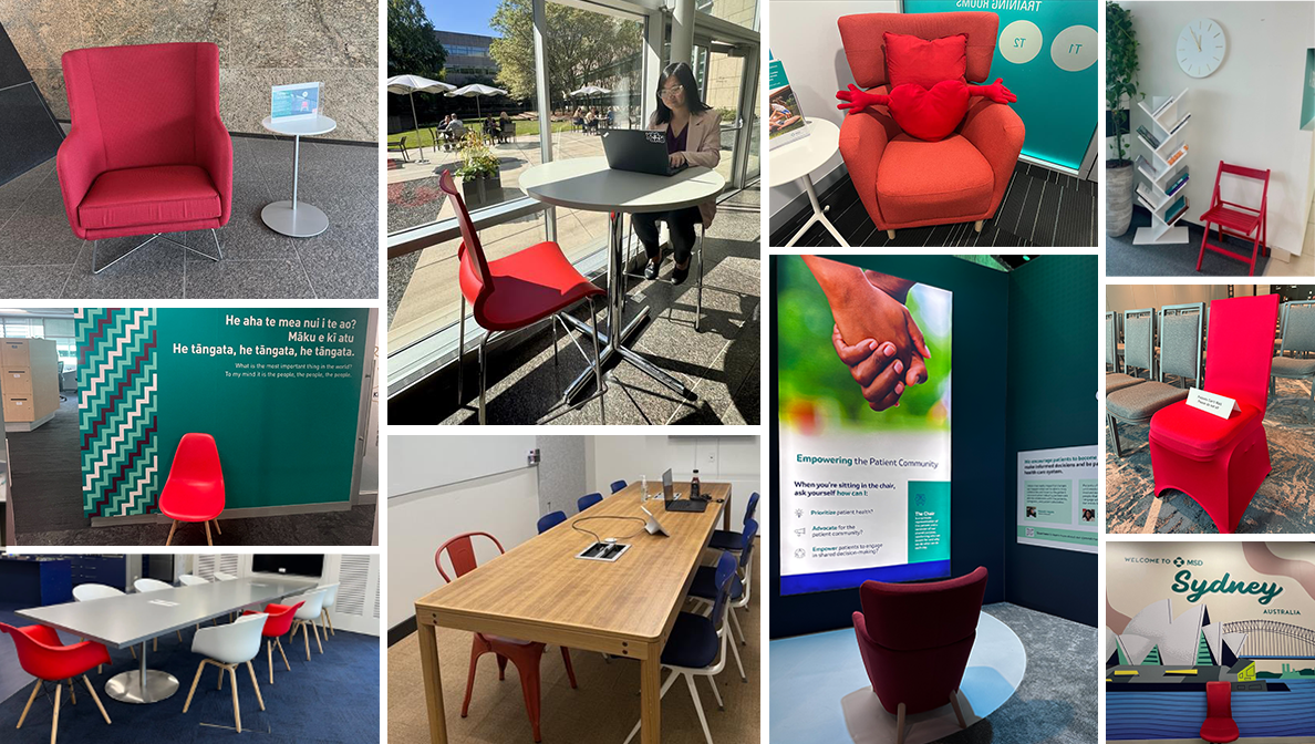Collage of red chairs in different locations including lab, conference room, lobby etc.