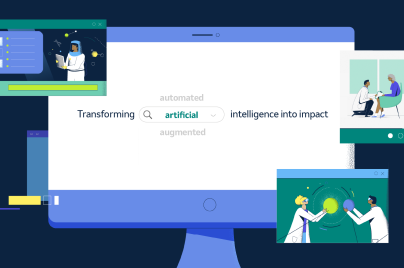 illustration of a computer screen with the words "transforming artificial/automated/augmented intelligence into impact"