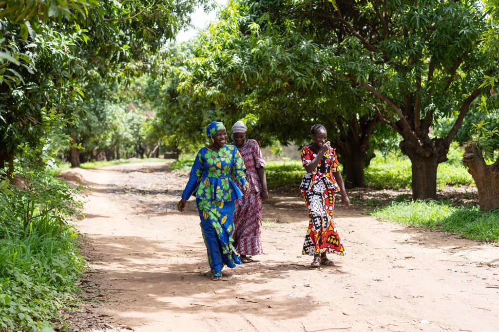 A group of women laughing and walking down the road
