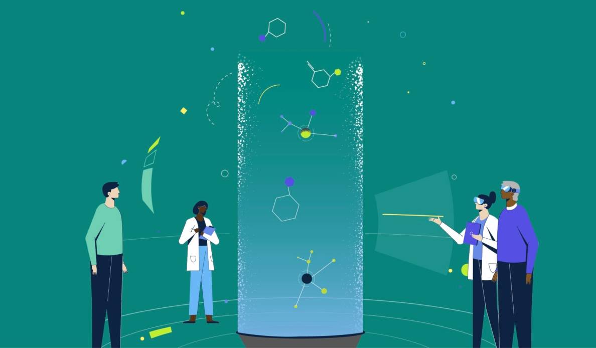 illustration of people in lab coats looks at shapes and objects floating