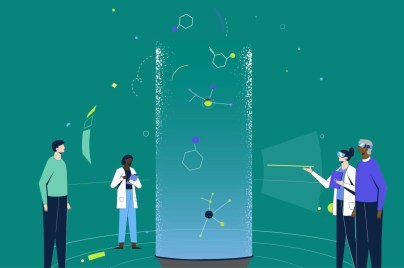 illustration of people in lab coats looks at shapes and objects floating