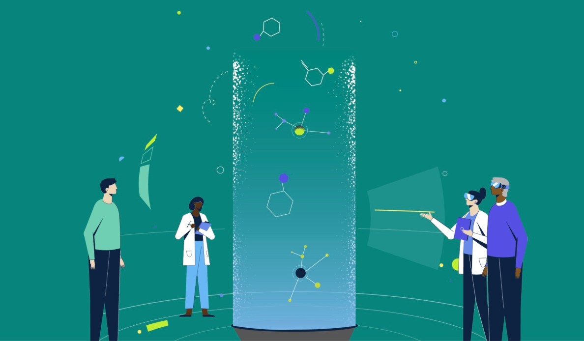 illustration of people in lab coats looks at shapes and objects floating