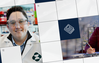 zoomed in crossword puzzle graphic with photo of Merck scientist Rebecca Goldstein in a lab coat