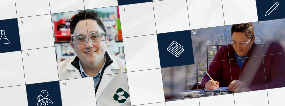 zoomed in crossword puzzle graphic with photo of Merck scientist Rebecca Goldstein in a lab coat
