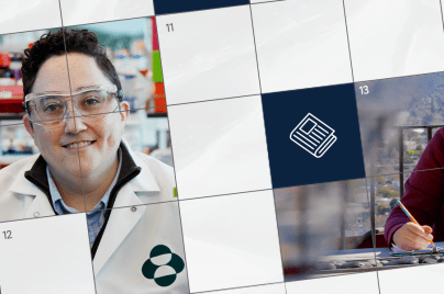 zoomed in crossword puzzle graphic with photo of Merck scientist Rebecca Goldstein in a lab coat