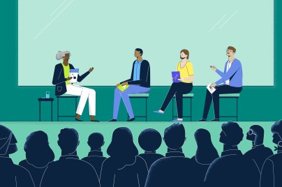 illustration of presenters in stage in front of audience