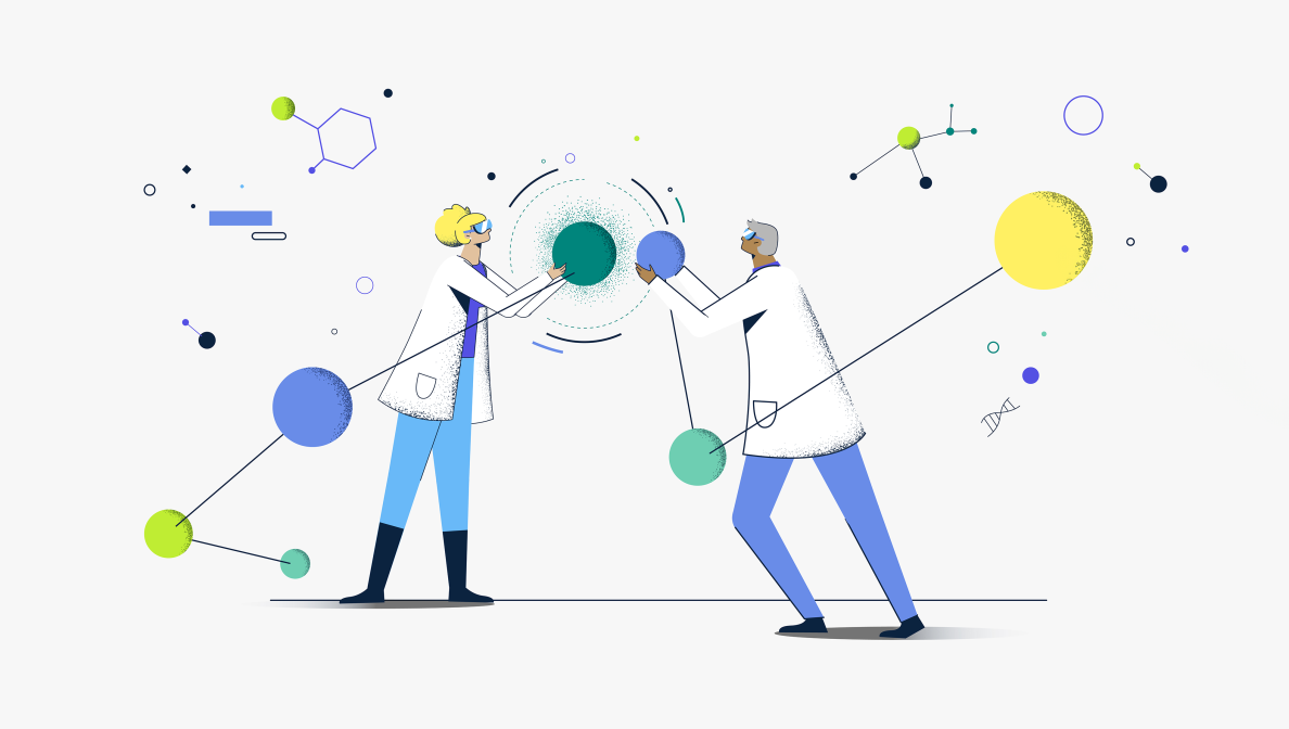 illustration of two people moving circle shapes