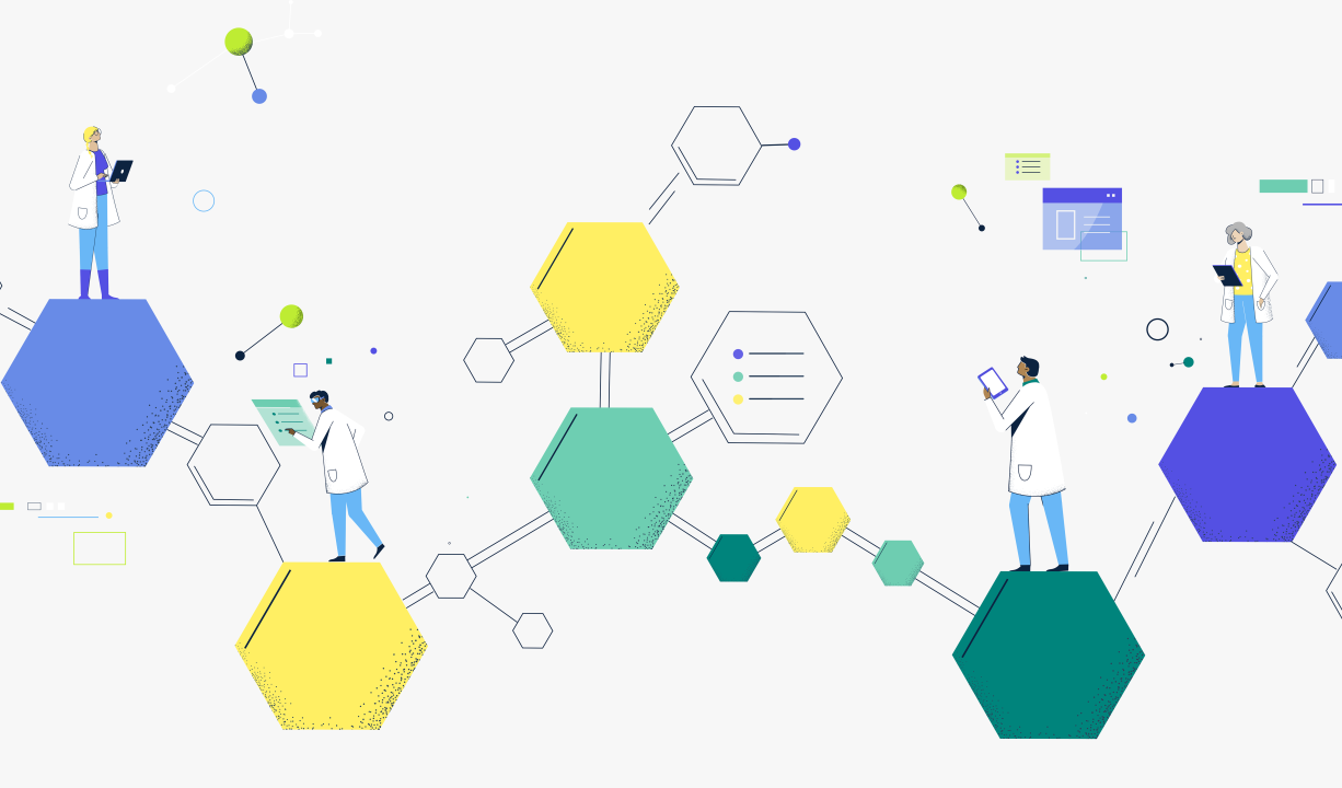 illustration of people on top of hexagon shapes